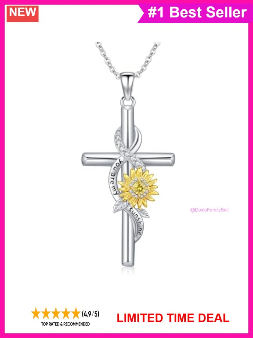 14K Gold Plated Sunflower Cross Pendant Necklace with Cubic Zirconia